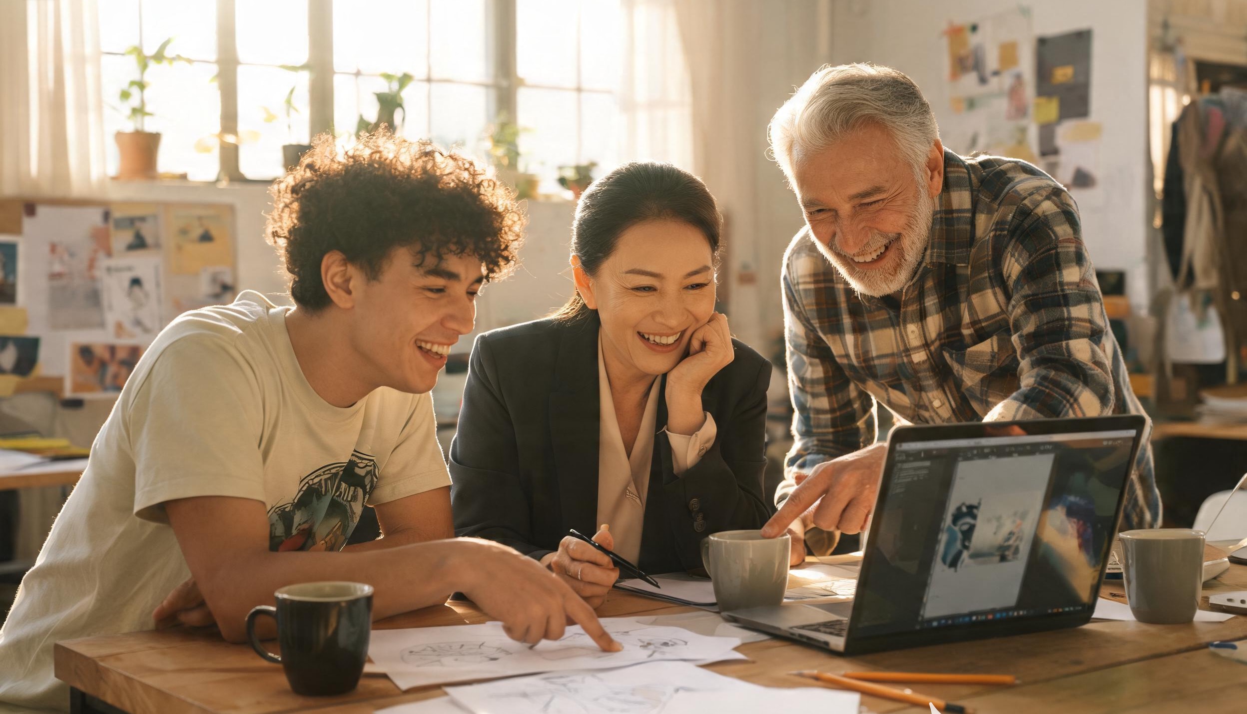 Colleagues collaborating with AI tools at a desk